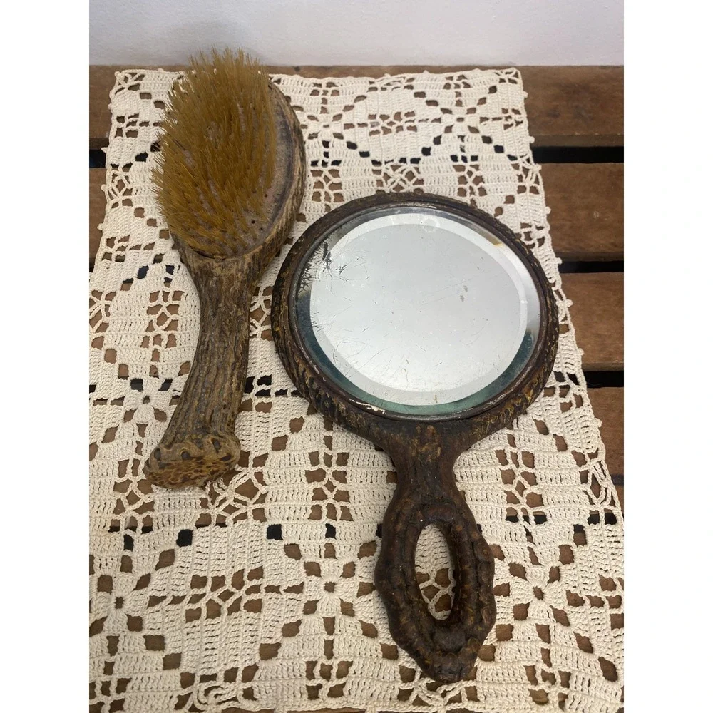 Antique Faux Bois Wood /Antler Beveled Glass Hand Mirror and Brush Vanity Set